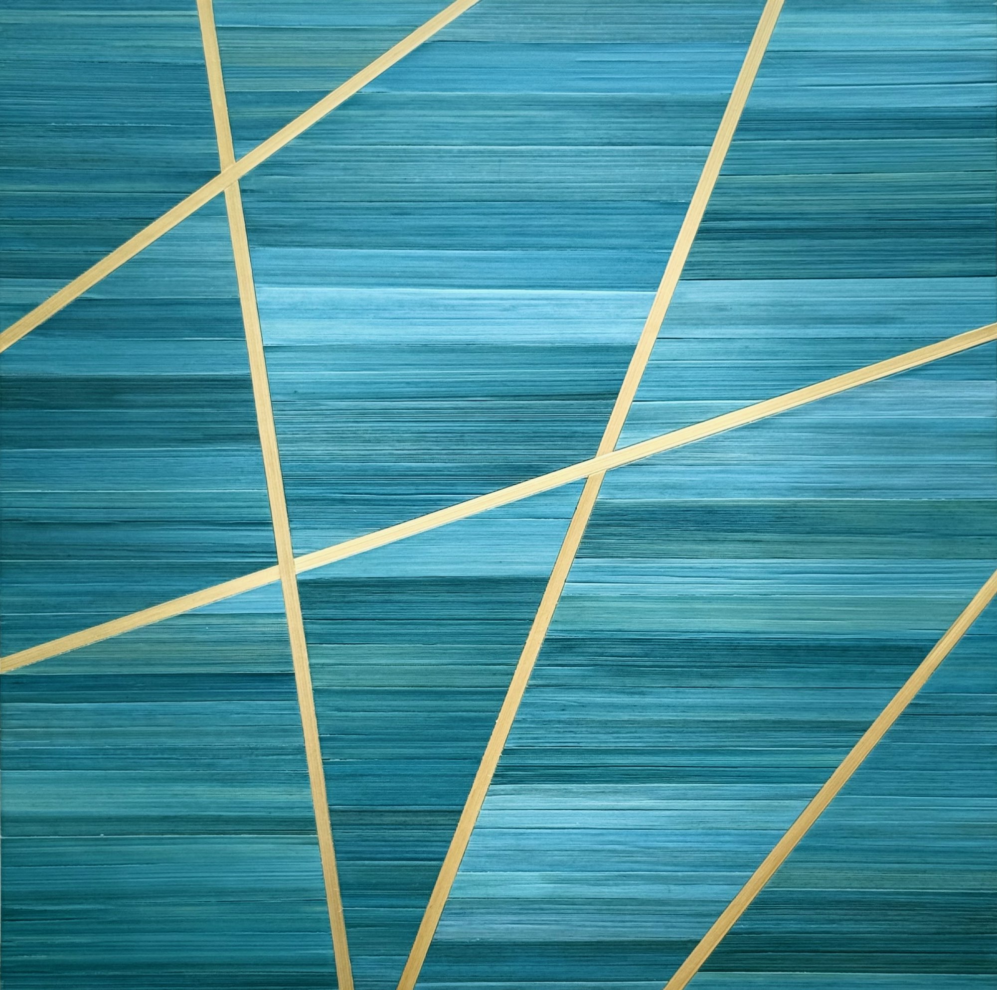 Straw marquetry artwork with densely interwoven teal and blue straw strands forming a woven texture