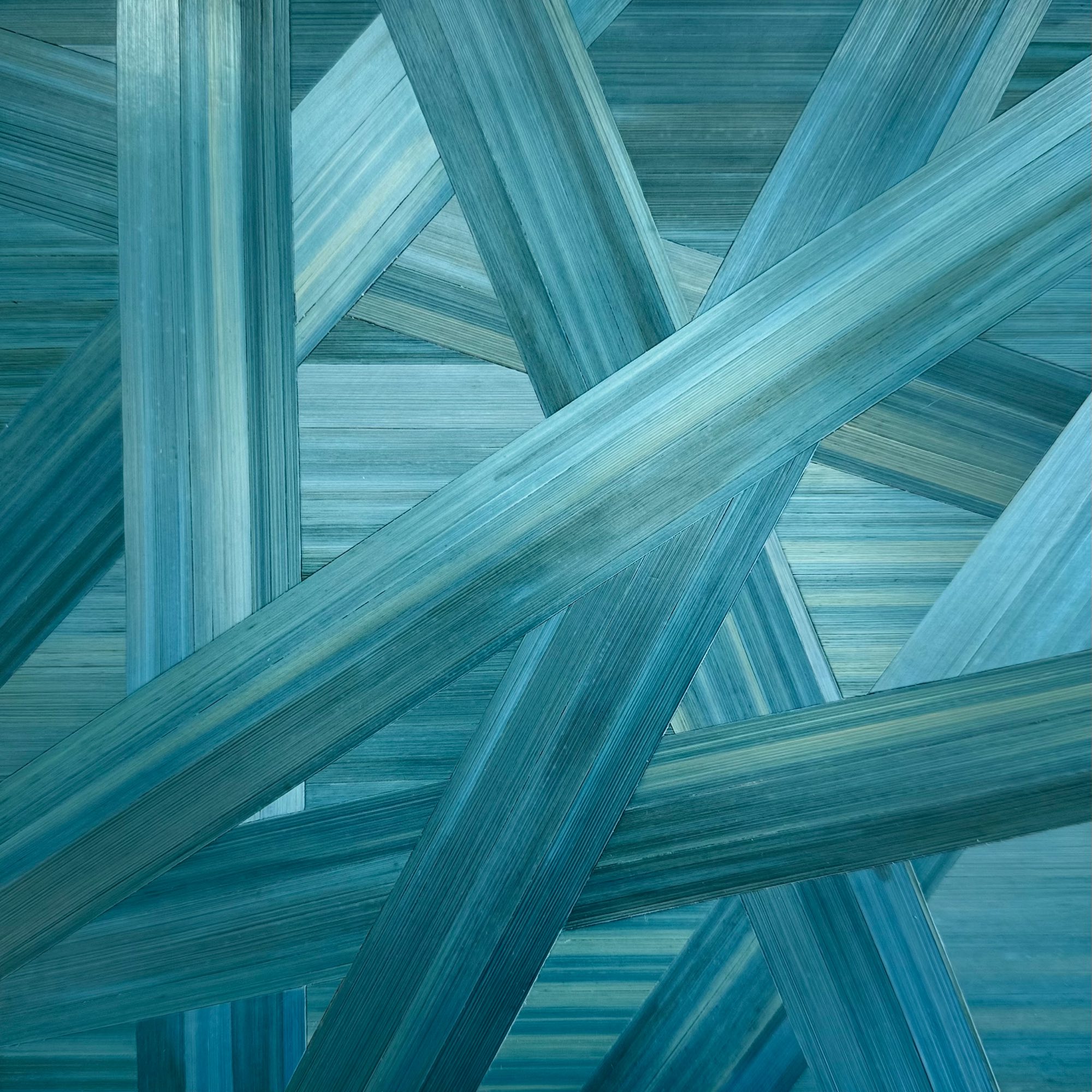 Straw marquetry artwork with sweeping golden lines crossing a luminous teal field